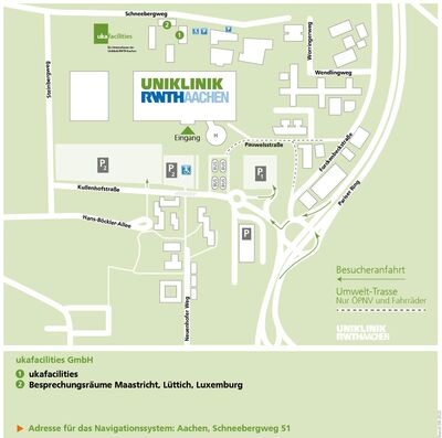 Lageplan der Uniklinik und Umgebung, auf dem der Standort der ukafacilities eingezeichnet ist.