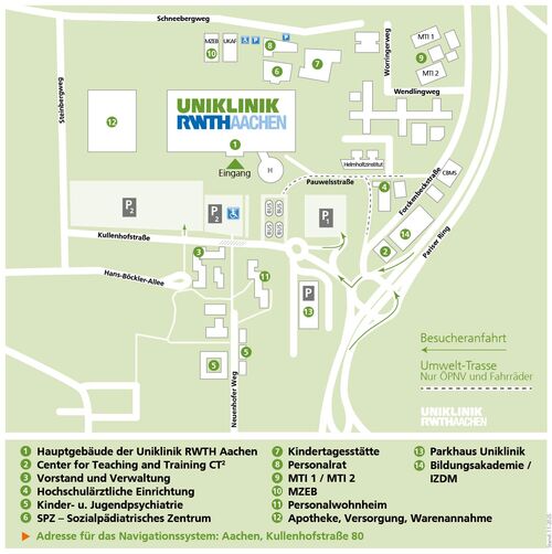 Orientierungsplan der Uniklinik RWTH Aachen mit Beschriftungen zentraler Einrichtungen wie Hauptgebäude, CT², Verwaltung, Hochschulärztliche Einrichtung, Kinder- und Jugendpsychiatrie, SPZ, Kindertagesstätte, Personalrat, MTI 1/2, MZEB, Personalwohnheim, Bildungsakademie, IZDM sowie Apotheke und Warenannahme. Navigationsadresse zum Parkhaus: Kullenhofstraße 80, Aachen