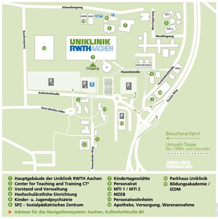 Orientierungsplan der Uniklinik RWTH Aachen mit Beschriftungen zentraler Einrichtungen wie Hauptgebäude, CT², Verwaltung, Hochschulärztliche Einrichtung, Kinder- und Jugendpsychiatrie, SPZ, Kindertagesstätte, Personalrat, MTI 1/2, MZEB, Personalwohnheim, Bildungsakademie, IZDM sowie Apotheke und Warenannahme. Navigationsadresse zum Parkhaus: Kullenhofstraße 80, Aachen