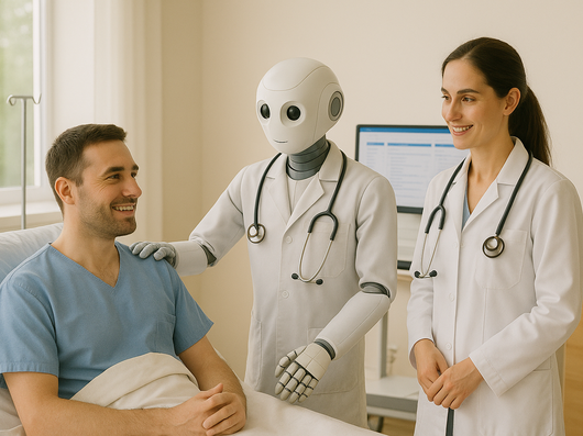 Eine Ärztin und ein Roboter im Kittel am Bett eines Patienten
