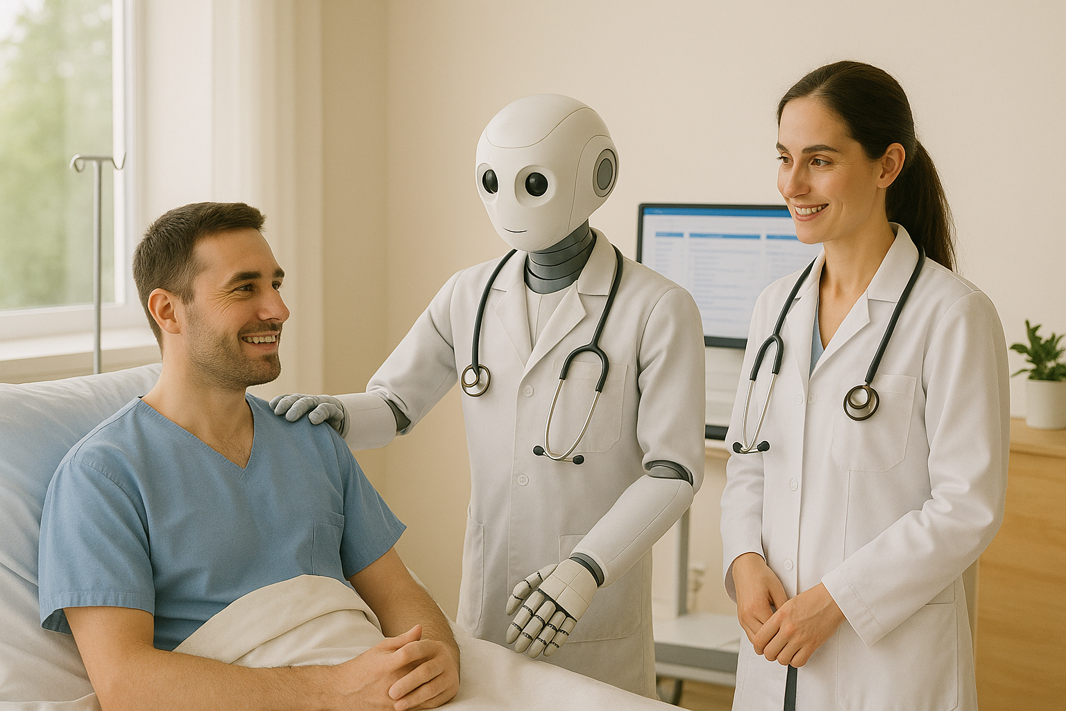 Eine Ärztin und ein Roboter im Kittel am Bett eines Patienten