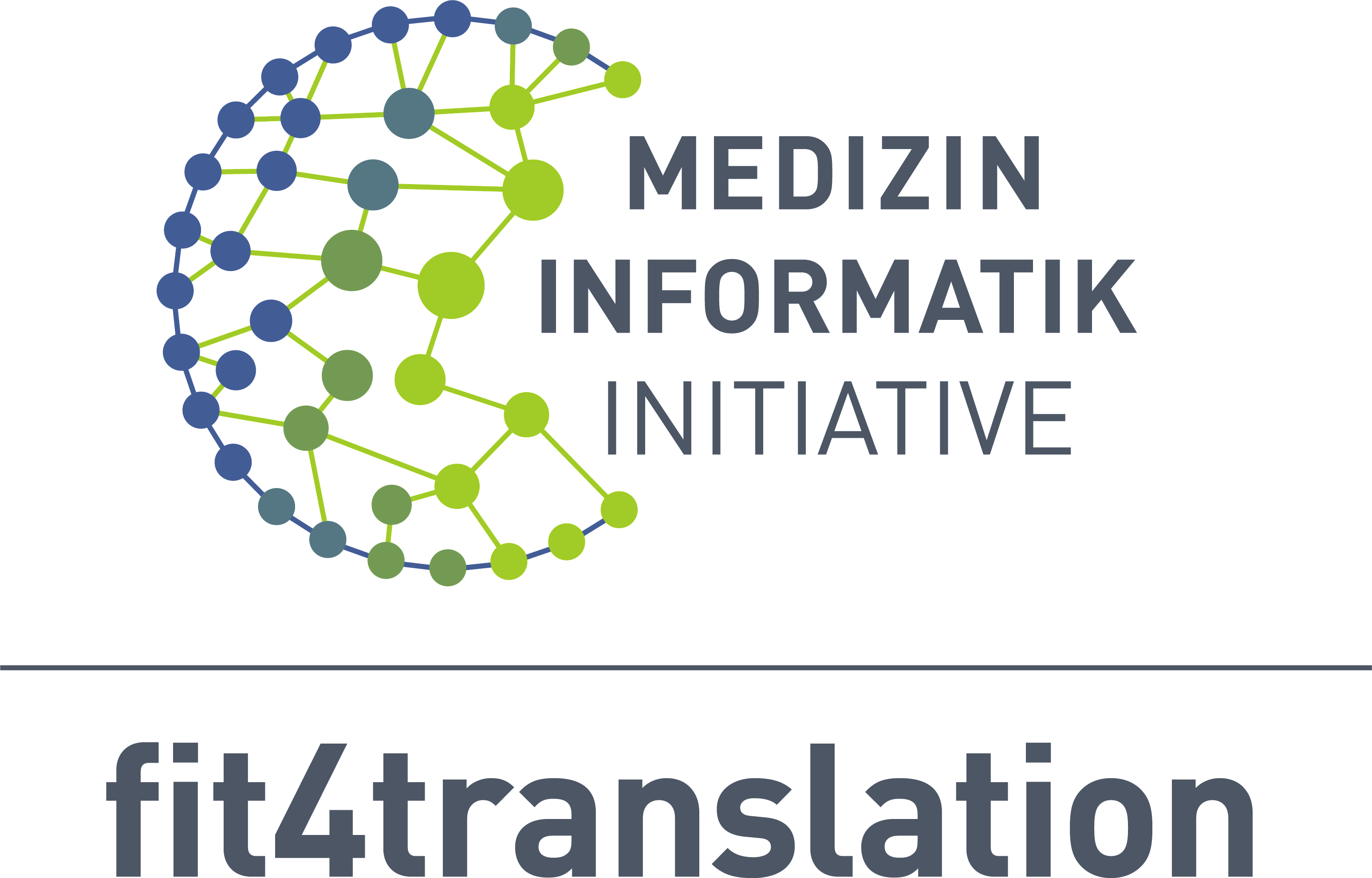 Ein Logo zeigt links ein netzwerkartiges Muster aus miteinander verbundenen Punkten in Blau und Grün. Rechts daneben steht der Schriftzug „MEDIZIN INFORMATIK INITIATIVE“. Unter einer horizontalen Linie folgt der Text „fit4translation“.