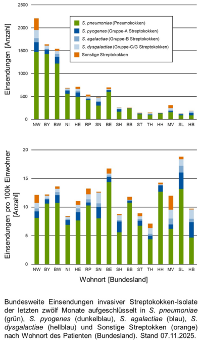 Balkendiagramm der bundesweiten Einsendungen invasiver Streptokokken-Isolate aufgeschlüsselt in verschiedene Gruppen von Streptokokken nach Bundesland und pro 100.000 Einwohnenden.