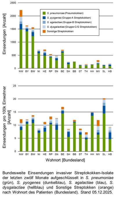 Balkendiagramm der bundesweiten Einsendungen invasiver Streptokokken-Isolate aufgeschlüsselt in verschiedene Gruppen von Streptokokken nach Bundesland und pro 100.000 Einwohnenden.