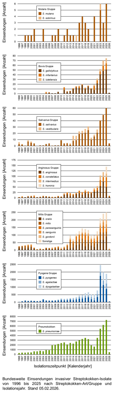 Balkendiagramme der bundesweiten Einsendungen invasiver Streptokokken-Isolate aufgeschlüsselt in verschiedene Gruppen von Streptokokken nach Einsendungsjahr.