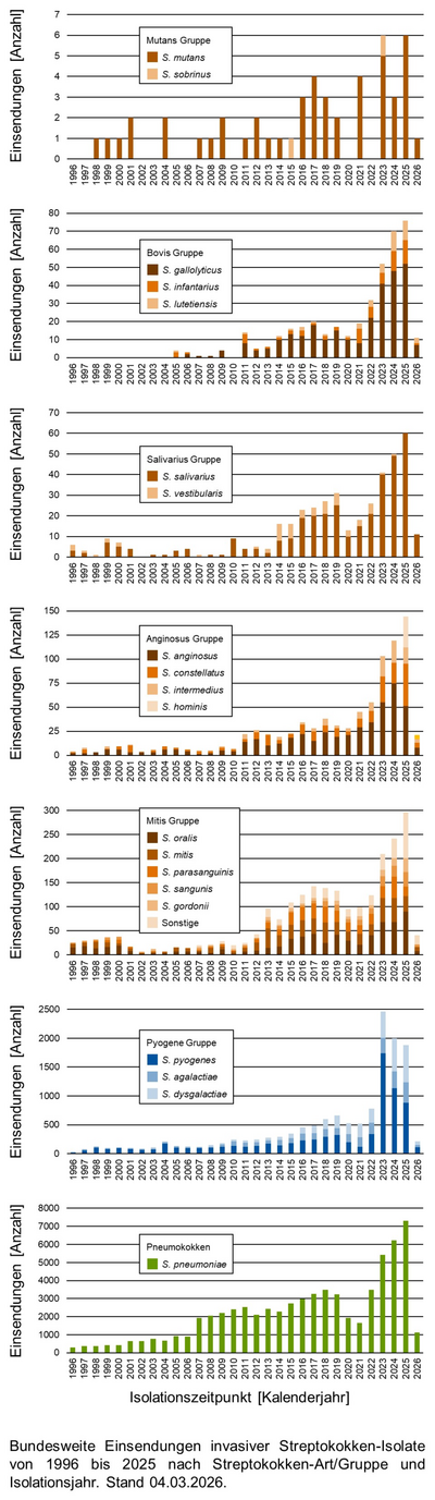 Balkendiagramme der bundesweiten Einsendungen invasiver Streptokokken-Isolate aufgeschlüsselt in verschiedene Gruppen von Streptokokken nach Einsendungsjahr.