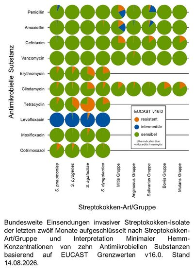 Kuchendiagramme der bundesweiten Einsendungen invasiver Streptokokken-Isolate aufgeschlüsselt nach Art/Gruppe und Interpretation minimaler Hemm-Konzentrationen von zehn Antimikrobiellen Substanzen basierend auf EUCAST Grenzwerten.