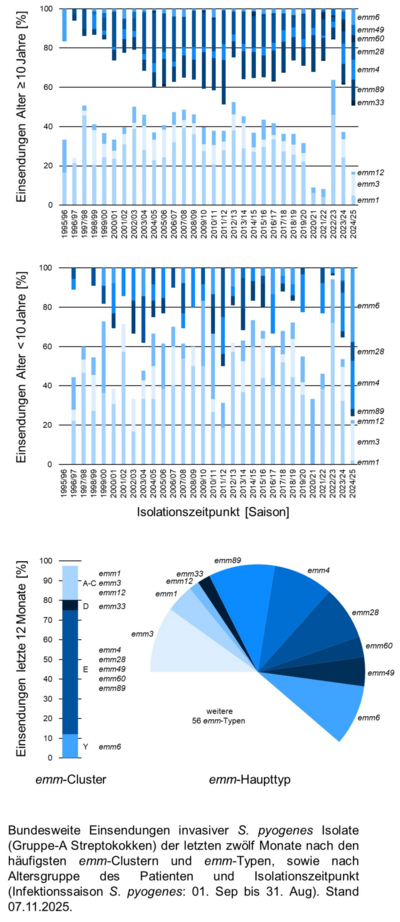 Kuchendiagramm der bundesweiten Einsendungen invasiver Gruppe-A Streptokokken-Isolate aufgeschlüsselt nach Altersgruppe der Patientinnen und Patienten, emm-Typen/Clustern und Infektionszeitpunkt.