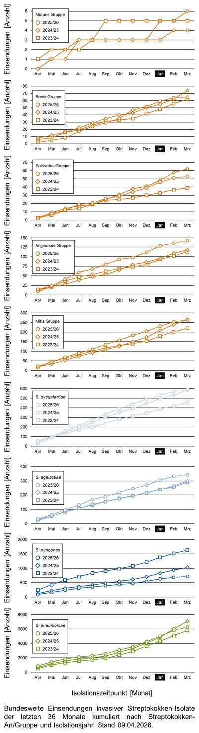 Liniendiagramme der bundesweiten Einsendungen invasiver Streptokokken-Isolate aufgeschlüsselt in verschiedene Gruppen von Streptokokken nach Einsendungsmonat.