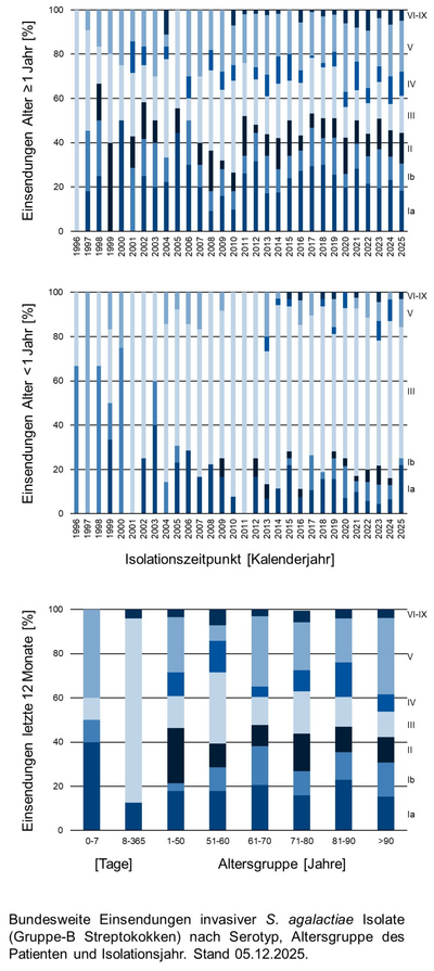 Balkendiagramme der bundesweiten Einsendungen invasiver Gruppe-B Streptokokken-Isolate aufgeschlüsselt nach Altersgruppe der Patientinnen und Patienten, Serotyp und Infektionszeitpunkt.