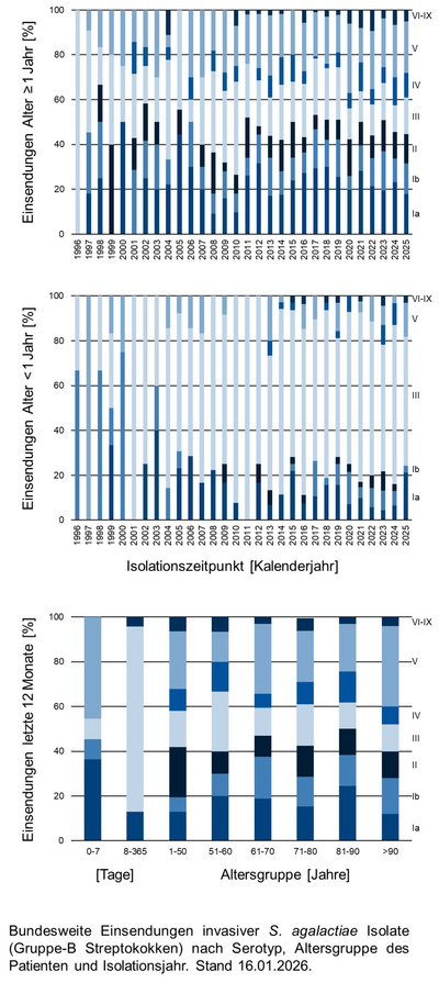 Balkendiagramme der bundesweiten Einsendungen invasiver Gruppe-B Streptokokken-Isolate aufgeschlüsselt nach Altersgruppe der Patientinnen und Patienten, Serotyp und Infektionszeitpunkt.