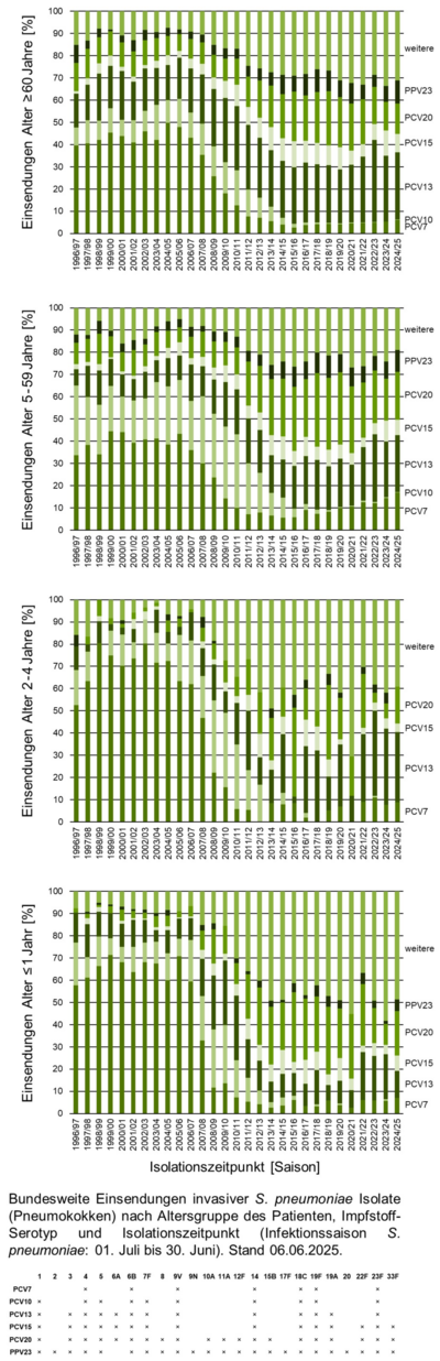 Balkendiagramme der bundesweiten Einsendungen invasiver Pneumokokken-Isolate aufgeschlüsselt nach Altersgruppe der Patientinnen und Patienten, Impfstoff-Serotyp und Infektionszeitpunkt.