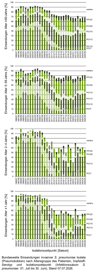 Balkendiagramme der bundesweiten Einsendungen invasiver Pneumokokken-Isolate aufgeschlüsselt nach Altersgruppe der Patientinnen und Patienten, Impfstoff-Serotyp und Infektionszeitpunkt.