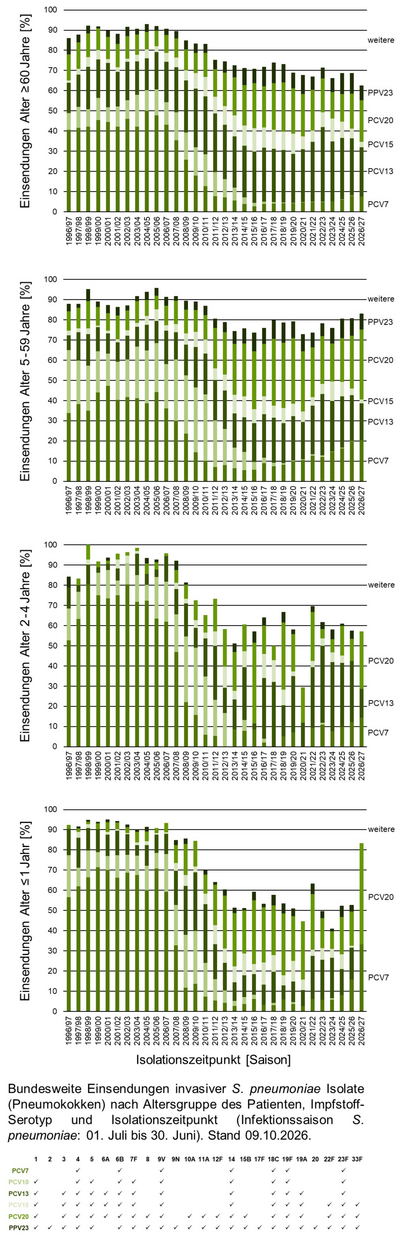 Balkendiagramme der bundesweiten Einsendungen invasiver Pneumokokken-Isolate aufgeschlüsselt nach Altersgruppe der Patientinnen und Patienten, Impfstoff-Serotyp und Infektionszeitpunkt.
