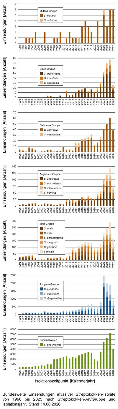Balkendiagramme der bundesweiten Einsendungen invasiver Streptokokken-Isolate aufgeschlüsselt in verschiedene Gruppen von Streptokokken nach Einsendungsjahr.
