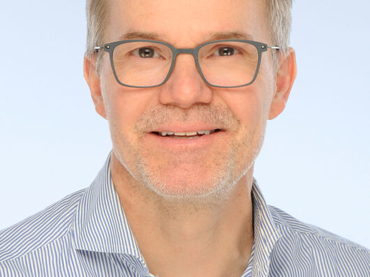 Porträtfoto eines Mannes mit kurzen Haaren und einer Brille. Er trägt ein gestreiftes Hemd, hat einen Bart und lächelt freundlich in die Kamera. 