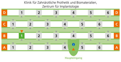 Wegbeschreibung zur Klinik für Zahnärztliche Prothetik und Biomaterialien, Zentrum für Implantologie