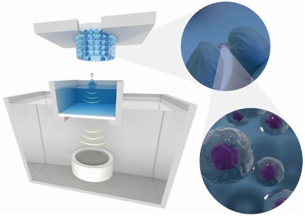 Schematische Darstellung des Acoustic Bioprinting-Verfahrens nach dem Prinzip der Acoustic Droplet Ejection-Methode