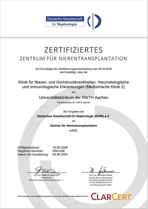 Zertifikat Zentrum für Nierentransplantation