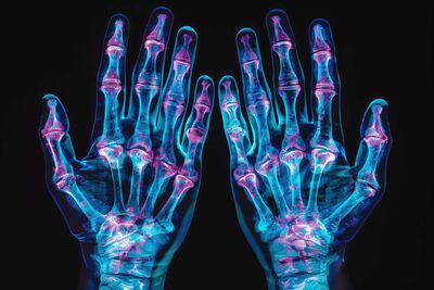 Röntgenaufnahme der Hände zeigt starke Entzündungen und Schäden in mehreren Gelenken, was auf eine schwere Form von Arthritis hinweist