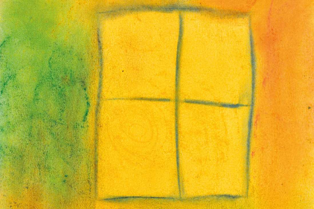 Eine einfache, abstrakte Zeichnung eines Fensters mit vier Scheiben. Der Hintergrund ist eine Mischung aus Grün-, Gelb- und Orangetönen. 