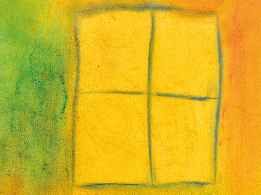 Eine einfache, abstrakte Zeichnung eines Fensters mit vier Scheiben. Der Hintergrund ist eine Mischung aus Grün-, Gelb- und Orangetönen. 